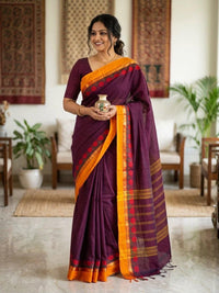 Deep Purple Cotton Saree with Contrast Mustard & Floral Motif Border