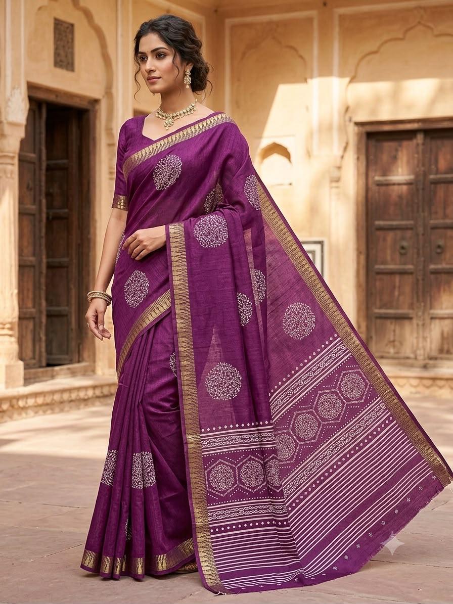 Purple Printed Chanderi Saree with Zari Border