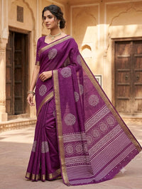 Purple Printed Chanderi Saree with Zari Border