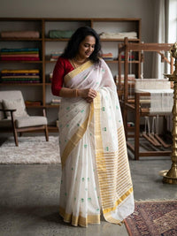 Off-White Chanderi Cotton Saree with Green Motifs & Golden Zari Border