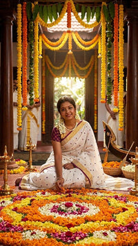Off-White Kerala Kasavu Style Cotton Saree with Purple & Zari Border