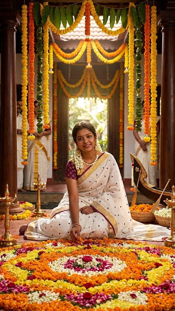 Off-White Kerala Kasavu Style Cotton Saree with Purple & Zari Border