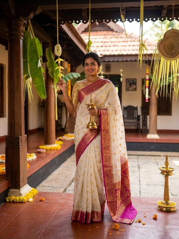 Off-White Silk Saree with Gold Buttis & Magenta Pink Zari Border