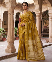Olive Green Printed Chanderi Saree with Zari Border