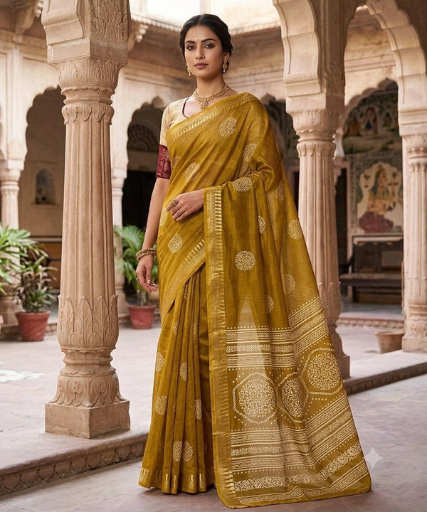 Olive Green Printed Chanderi Saree with Zari Border