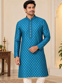 Teel Blue Kurta Detailed with Golden Diamond Motif Print